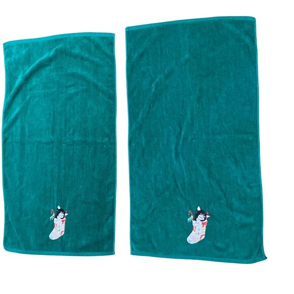 Vintage Christmas Cat In Stocking Green Bath Towel R.A. Briggs Set Of 2 - Picture 3 of 7